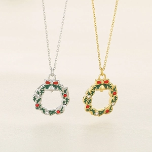 Christmas wreath pendant necklaces in gold and silver finish with festive crystals