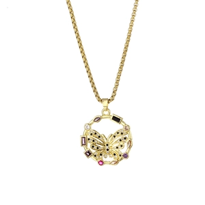 Gold 18K butterfly pendant necklace with colorful cubic zirconia in hollow round design