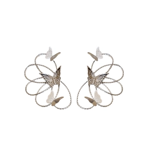 Minimalist silver butterfly wing drop earrings with hollow metal line design