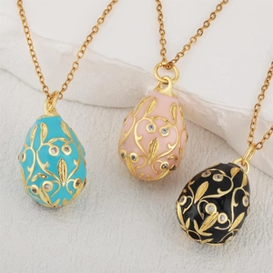 Faberge Style Egg Pendant Necklace Gold Plated Copper Enamel Rhinestone Hollow Vintage Jewelry For Women Gift