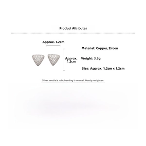 Détails des boucles d'oreilles triangles argentées avec zircons et dimensions du produit