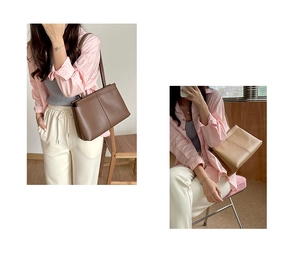 Minimalist tote bags in dark brown and light khaki showing size and shoulder fit on model