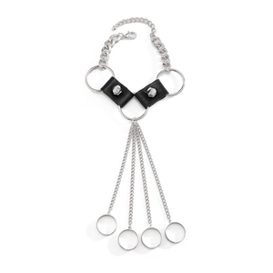 Punk style set featuring black PU leather rivet bracelet and silver chain rings