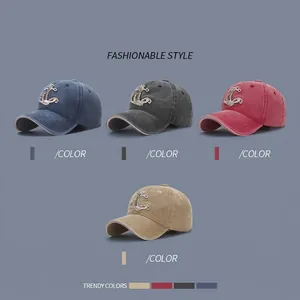 Vintage washed cotton baseball cap with anchor embroidery in four distinct colors