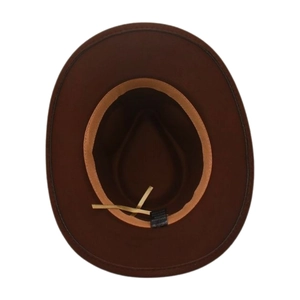 Detail of the inner sweatband and material label inside a dark brown felt cowboy hat