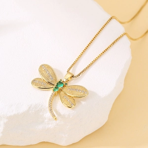 18K gold plated dragonfly necklace with green gemstones and sparkling cubic zirconia