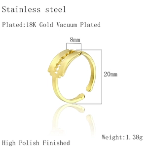 Detailed view of an 8mm wide 18K gold vacuum plated stainless steel adjustable ring