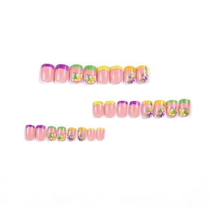Short French glossy press-on nails with colorful floral patterns for spring and summer