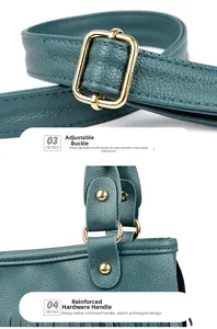 Detail of dark cyan lychee grain leather handbag with adjustable golden metal buckles