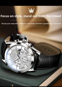 Close-up of OLEVS quartz watch featuring sunburst dial, moon phase, and black leather strap