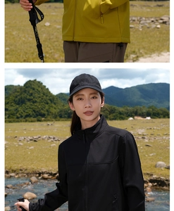 Detail of waterproof softshell jackets featuring windproof stand collars and zip pockets