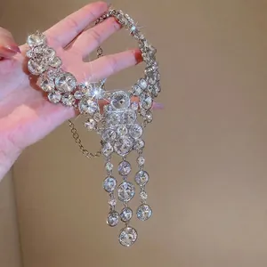 Sparkling crystal tassel fringe necklace with round rhinestones in elegant silver finish