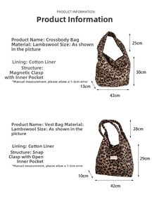 Detailed size specifications and structure of faux shearling leopard tote and hobo bags