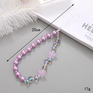 Lanière de téléphone chic perlée violette avec perles en cristal et pendentif papillon