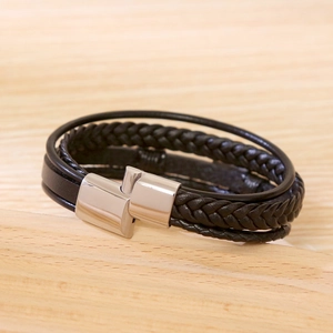 Bracelet multicouche en cuir tressé noir pour homme avec fermoir en acier inoxydable