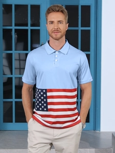 Detail of men's polo shirt featuring a color-block design with an American flag print