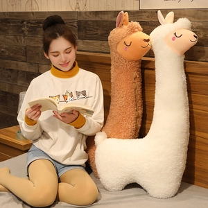 Long alpaca plush pillow in brown and white sherpa fleece with a zipper for sleeping