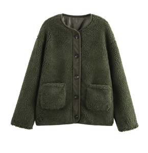 Close-up of dark green sherpa fleece jacket with button closure and corduroy trim texture