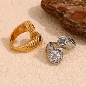 Textured 18K gold and silver plated spiral open rings with square zircon stones