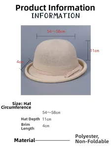 Size chart showing 54-58cm circumference and dimensions for the beige knitted bowler hat