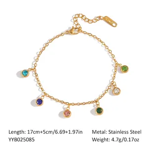 Detail of 18K gold plated stainless steel bracelet with six colorful round zircon stones