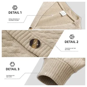 Beige men's V-neck cardigan featuring detailed jacquard diamond knit and wood-like buttons