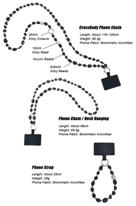 Detailed chart showing beaded phone straps in various lengths with weight specifications