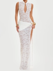 Elegant sleeveless white lace dress with deep V-neck and high side slit for women