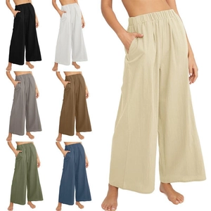 Pantalon Large Femme Coton Lin Taille Haute Taille Élastique Décontracté Ample Pantalon Long Avec Poches