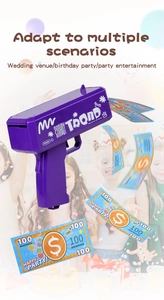 Close-up of purple electric money gun shooting prop bills at a birthday party scene