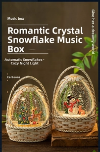 Close-up of basket style music box with rotating snow globe and warm LED light effect