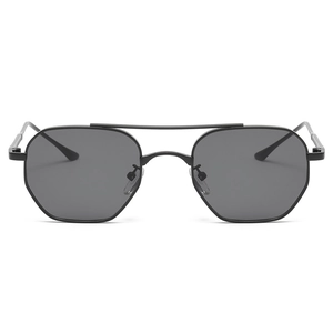 Modern double bridge geometric sunglasses with black metal frame and smoky grey lenses