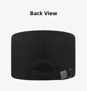 Back view of winter wool flat top cap featuring adjustable strap and metal ring detail