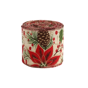 Ruban de Noël en toile de jute avec motifs de poinsettias et pommes de pin festifs