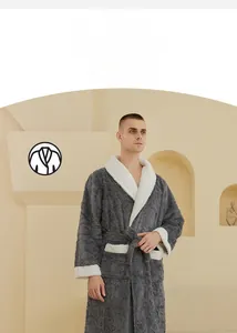 Detail of elegant grey shawl collar and soft thickened flannel fabric on men's winter robe