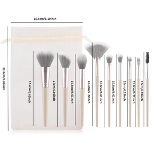 9-piece makeup brush set with mesh bag and detailed size dimensions in inches and cm