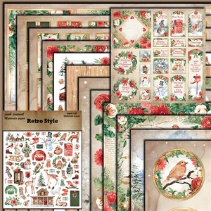 Detail of retro Christmas junk journal paper with reindeer and snowman patterns