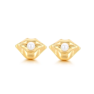 Elegant gold irregular lip shaped stud earrings with white pearl accents for women
