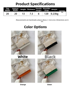 Detail showing woven PU material colors and size chart for the retro handbag