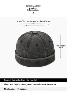 Detailed dimensions of the washed denim docker cap with 11cm depth and 56-60cm circumference