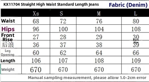Gedetailleerde maattabel voor high waist recht model jeans met taille- en heupafmetingen
