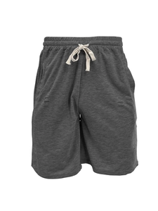 Detail of dark grey knit shorts featuring elastic waistband and white drawstrings