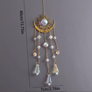 Detail view of gold sun and moon suncatcher with dimensions of 40cm height and 7cm width
