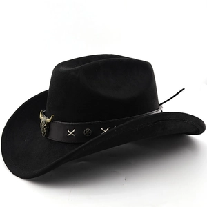 Detail of black faux suede cowboy hat with bronze bull head emblem and leather band