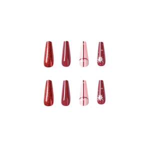 Christmas red coffin press on nails featuring glitter, snowflakes, and festive patterns
