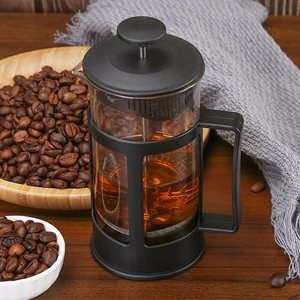 Heat-resistant borosilicate glass French press coffee maker with black plastic frame