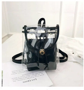 Detailed close-up of clear PVC backpack featuring black leather trim and gold metal buckle
