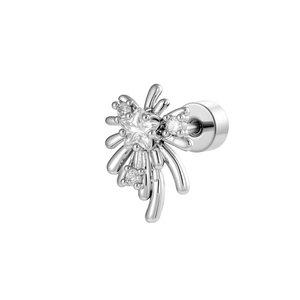 Silver starburst helix earring with radiant micro-set zircon crystals on white background