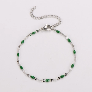 Detail of silver stainless steel chain with green enamel lip charms and lobster clasp