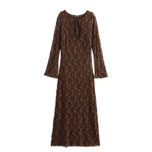 Women Lace Maxi Dress Long Flare Sleeve Round Neck Tie Front Solid Brown Elegant Polyester A-Line Party Evening Gown